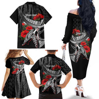 Hawaiian Honu Personalized Family Matching Off The Shoulder Long Sleeve Dress and Hawaiian Shirt Black Tribal Hook Pattern LT9 - Polynesian Pride