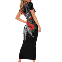 Hawaiian Honu Personalized Family Matching Short Sleeve Bodycon Dress and Hawaiian Shirt Black Tribal Hook Pattern LT9 - Polynesian Pride