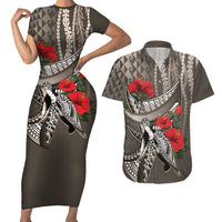 Hawaiian Honu Personalized Couples Matching Short Sleeve Bodycon Dress and Hawaiian Shirt Mocha Mousse Hibiscus Tribal Hook Pattern LT9 Mocha - Polynesian Pride