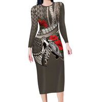 Hawaiian Honu Personalized Family Matching Long Sleeve Bodycon Dress and Hawaiian Shirt Mocha Mousse Hibiscus Tribal Hook Pattern LT9 Mom's Dress Mocha - Polynesian Pride