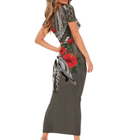 Hawaiian Honu Personalized Family Matching Short Sleeve Bodycon Dress and Hawaiian Shirt Mocha Mousse Hibiscus Tribal Hook Pattern LT9 - Polynesian Pride