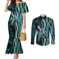 Hawaiian Honu Personalized Couples Matching Mermaid Dress and Long Sleeve Button Shirt Dark Cyan Maile Pikake Flower Lei Inspired LT9 Cyan - Polynesian Pride