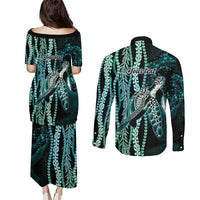 Hawaiian Honu Personalized Couples Matching Puletasi and Long Sleeve Button Shirt Dark Cyan Maile Pikake Flower Lei Inspired LT9 - Polynesian Pride