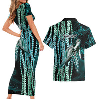Hawaiian Honu Personalized Couples Matching Short Sleeve Bodycon Dress and Hawaiian Shirt Dark Cyan Maile Pikake Flower Lei Inspired
