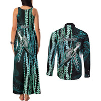 Hawaiian Honu Personalized Couples Matching Tank Maxi Dress and Long Sleeve Button Shirt Dark Cyan Maile Pikake Flower Lei Inspired LT9 - Polynesian Pride