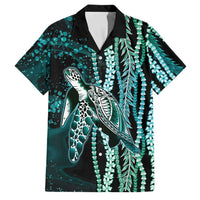 Hawaiian Honu Personalized Family Matching Mermaid Dress and Hawaiian Shirt Dark Cyan Maile Pikake Flower Lei Inspired LT9 Dad's Shirt - Short Sleeve Cyan - Polynesian Pride