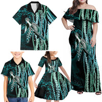 Hawaiian Honu Personalized Family Matching Off Shoulder Maxi Dress and Hawaiian Shirt Dark Cyan Maile Pikake Flower Lei Inspired
