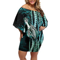 Hawaiian Honu Personalized Family Matching Off Shoulder Short Dress and Hawaiian Shirt Dark Cyan Maile Pikake Flower Lei Inspired LT9 Mom's Dress Cyan - Polynesian Pride