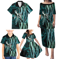 Hawaiian Honu Personalized Family Matching Puletasi and Hawaiian Shirt Dark Cyan Maile Pikake Flower Lei Inspired