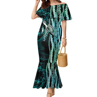 Hawaiian Honu Personalized Mermaid Dress Dark Cyan Maile Pikake Flower Lei Inspired