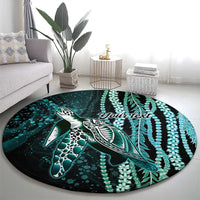 Hawaiian Honu Personalized Round Carpet Dark Cyan Maile Pikake Flower Lei Inspired
