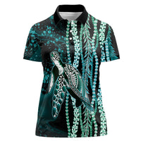 Hawaiian Honu Personalized Women Polo Shirt Dark Cyan Maile Pikake Flower Lei Inspired