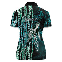 Hawaiian Honu Personalized Women Polo Shirt Dark Cyan Maile Pikake Flower Lei Inspired