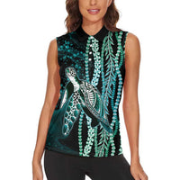 Hawaiian Honu Personalized Women Sleeveless Polo Shirt Dark Cyan Maile Pikake Flower Lei Inspired