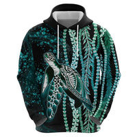 Hawaiian Honu Personalized Zip Hoodie Dark Cyan Maile Pikake Flower Lei Inspired