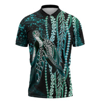 Hawaiian Honu Personalized Zipper Polo Shirt Dark Cyan Maile Pikake Flower Lei Inspired