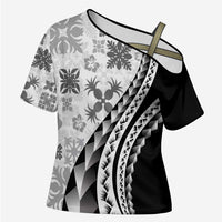 Black Hawaiian Quilt Pattern Cross Shoulder Shirt Mixed Polynesian Tribal Arty - Polynesian Pride