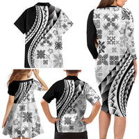 Black Hawaiian Quilt Pattern Family Matching Long Sleeve Bodycon Dress and Hawaiian Shirt Mixed Polynesian Tribal Arty LT9 - Polynesian Pride