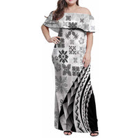 Black Hawaiian Quilt Pattern Family Matching Off Shoulder Maxi Dress and Hawaiian Shirt Mixed Polynesian Tribal Arty