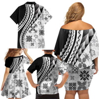 Black Hawaiian Quilt Pattern Family Matching Off Shoulder Short Dress and Hawaiian Shirt Mixed Polynesian Tribal Arty