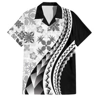 Black Hawaiian Quilt Pattern Family Matching Off Shoulder Short Dress and Hawaiian Shirt Mixed Polynesian Tribal Arty