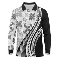 Black Hawaiian Quilt Pattern Long Sleeve Polo Shirt Mixed Polynesian Tribal Arty