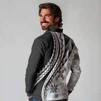 Black Hawaiian Quilt Pattern Long Sleeve Polo Shirt Mixed Polynesian Tribal Arty