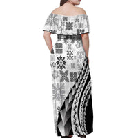 Black Hawaiian Quilt Pattern Off Shoulder Maxi Dress Mixed Polynesian Tribal Arty