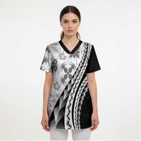Black Hawaiian Quilt Pattern Scrub Top Mixed Polynesian Tribal Arty - Polynesian Pride