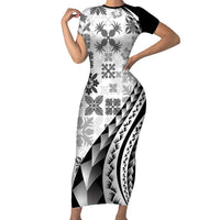 Black Hawaiian Quilt Pattern Short Sleeve Bodycon Dress Mixed Polynesian Tribal Arty LT9 Long Dress Black - Polynesian Pride