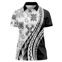 Black Hawaiian Quilt Pattern Women Polo Shirt Mixed Polynesian Tribal Arty