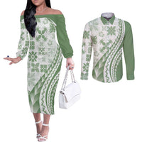 Green Hawaiian Quilt Pattern Couples Matching Off The Shoulder Long Sleeve Dress and Long Sleeve Button Shirt Mixed Polynesian Tribal Arty LT9 Green - Polynesian Pride