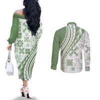 Green Hawaiian Quilt Pattern Couples Matching Off The Shoulder Long Sleeve Dress and Long Sleeve Button Shirt Mixed Polynesian Tribal Arty LT9 - Polynesian Pride