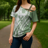 Green Hawaiian Quilt Pattern Cross Shoulder Shirt Mixed Polynesian Tribal Arty - Polynesian Pride