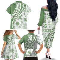 Green Hawaiian Quilt Pattern Family Matching Off The Shoulder Long Sleeve Dress and Hawaiian Shirt Mixed Polynesian Tribal Arty