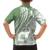 Green Hawaiian Quilt Pattern Family Matching Off Shoulder Maxi Dress and Hawaiian Shirt Mixed Polynesian Tribal Arty