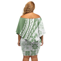 Green Hawaiian Quilt Pattern Family Matching Off Shoulder Short Dress and Hawaiian Shirt Mixed Polynesian Tribal Arty
