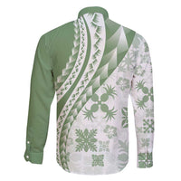 Green Hawaiian Quilt Pattern Family Matching Puletasi and Hawaiian Shirt Mixed Polynesian Tribal Arty