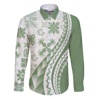 Green Hawaiian Quilt Pattern Family Matching Summer Maxi Dress and Hawaiian Shirt Mixed Polynesian Tribal Arty LT9 Dad's Shirt - Long Sleeve Green - Polynesian Pride