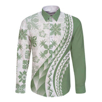 Green Hawaiian Quilt Pattern Long Sleeve Button Shirt Mixed Polynesian Tribal Arty LT9 Unisex Green - Polynesian Pride
