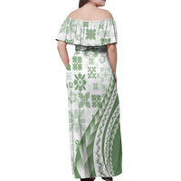 Green Hawaiian Quilt Pattern Off Shoulder Maxi Dress Mixed Polynesian Tribal Arty