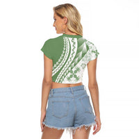 Green Hawaiian Quilt Pattern Raglan Cropped T Shirt Mixed Polynesian Tribal Arty LT9 - Polynesian Pride