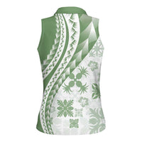 Green Hawaiian Quilt Pattern Women Sleeveless Polo Shirt Mixed Polynesian Tribal Arty
