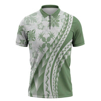 Green Hawaiian Quilt Pattern Zipper Polo Shirt Mixed Polynesian Tribal Arty - Polynesian Pride