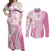 Pink Hawaiian Quilt Pattern Couples Matching Off Shoulder Maxi Dress and Long Sleeve Button Shirt Mixed Polynesian Tribal Arty