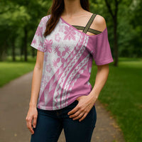 Pink Hawaiian Quilt Pattern Cross Shoulder Shirt Mixed Polynesian Tribal Arty - Polynesian Pride