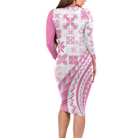 Pink Hawaiian Quilt Pattern Family Matching Long Sleeve Bodycon Dress and Hawaiian Shirt Mixed Polynesian Tribal Arty LT9 - Polynesian Pride