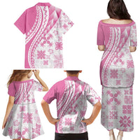 Pink Hawaiian Quilt Pattern Family Matching Puletasi and Hawaiian Shirt Mixed Polynesian Tribal Arty LT9 - Polynesian Pride