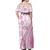 Pink Hawaiian Quilt Pattern Off Shoulder Maxi Dress Mixed Polynesian Tribal Arty