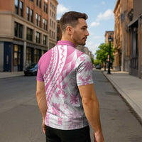 Pink Hawaiian Quilt Pattern Zipper Polo Shirt Mixed Polynesian Tribal Arty - Polynesian Pride